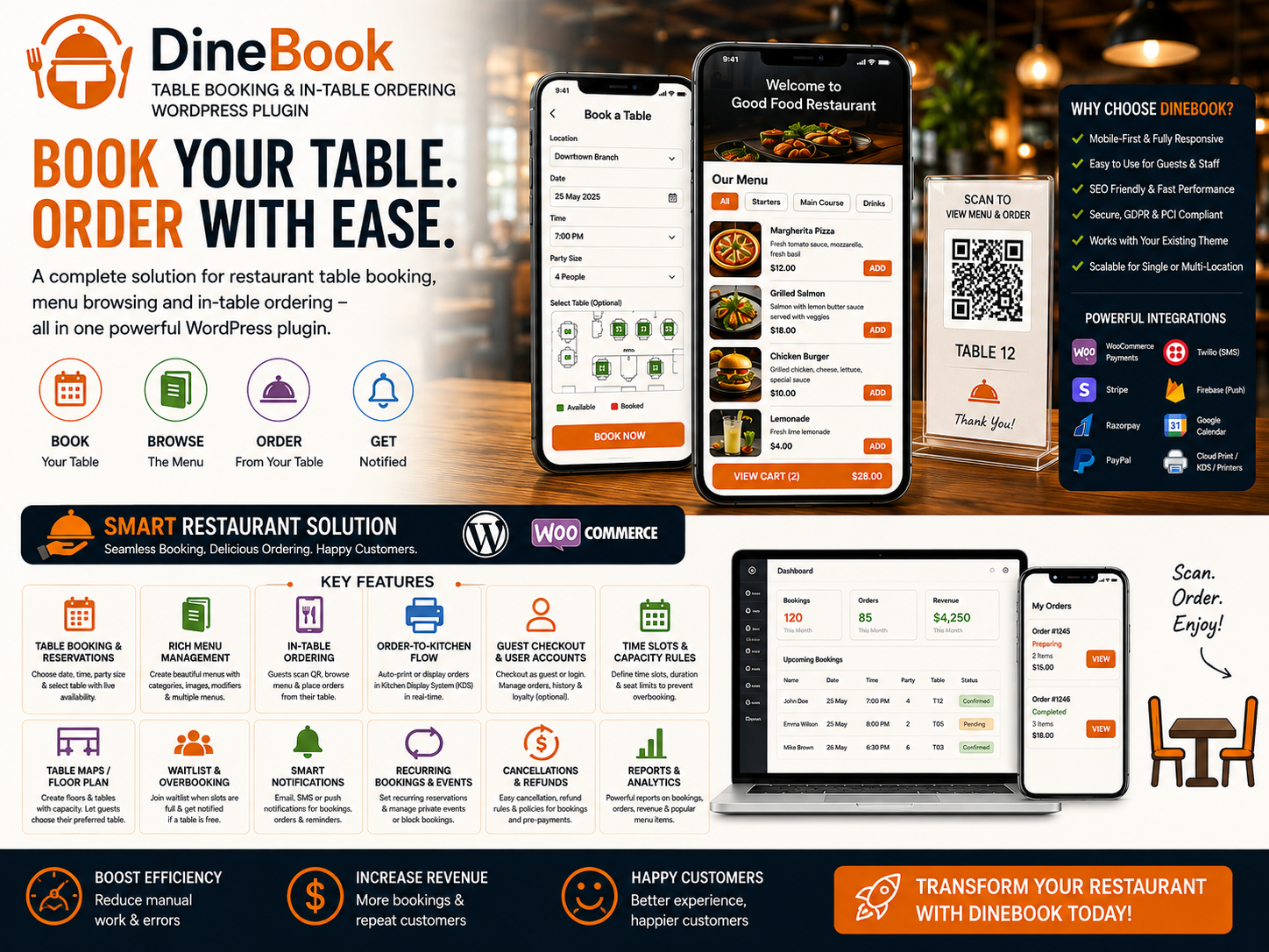 DineBook – Restaurant Table Booking & Food Ordering WordPress Plugin